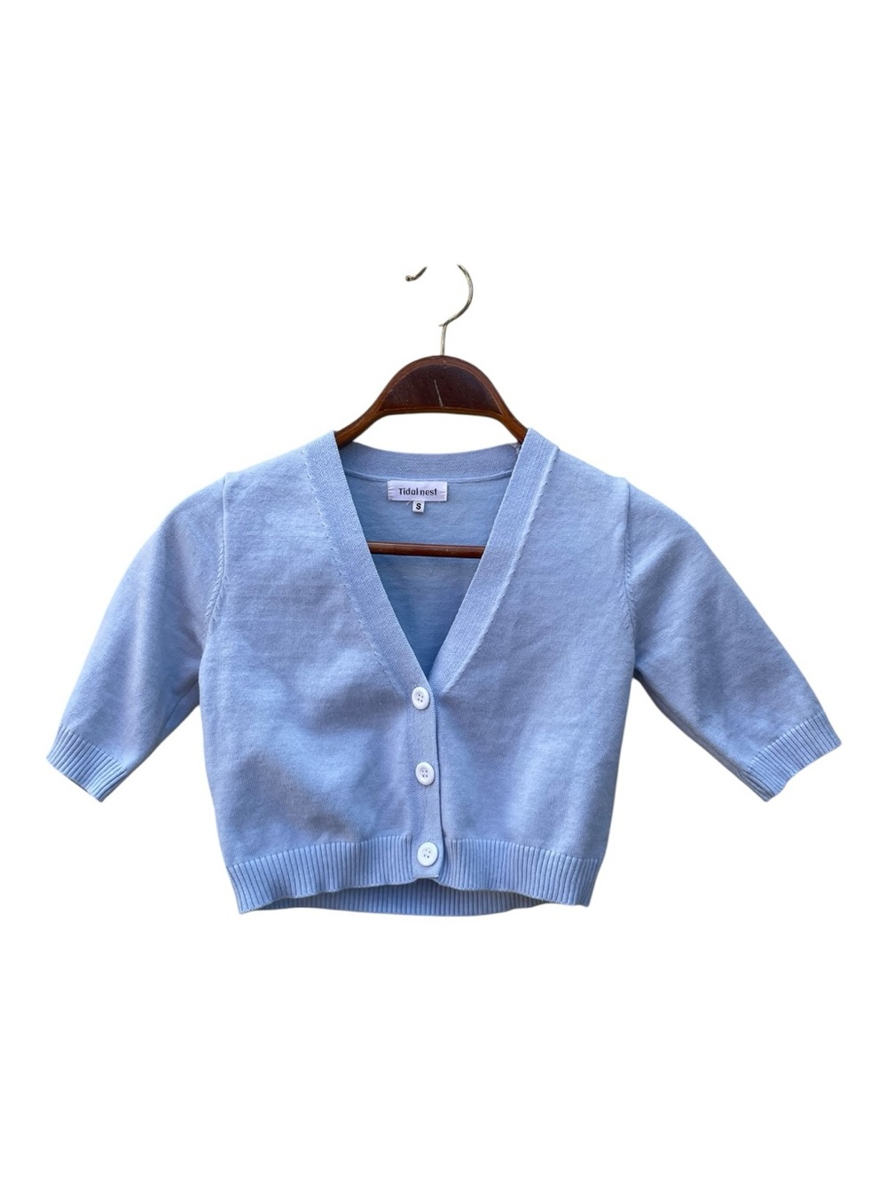 Tidal Nest Baby Blue V-Neck Short-Sleeve Cropped Cardigan Sz M